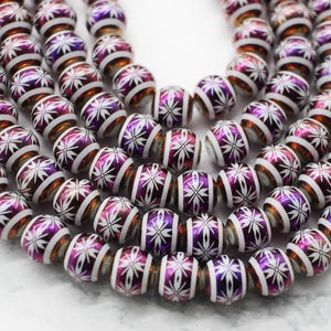 Purple Electroplated Glass Beads 8mm Round W/ Flower Pattern
