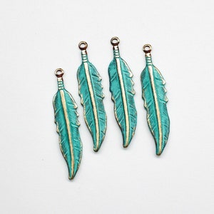 Hand Painted & Distressed Patina Verdigris Brass Feather Charms 7x34mm