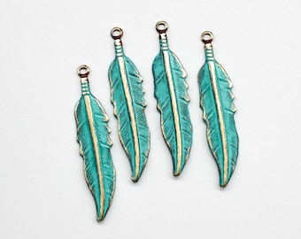 Hand Painted & Distressed Patina Verdigris Brass Feather Charms 7x34mm