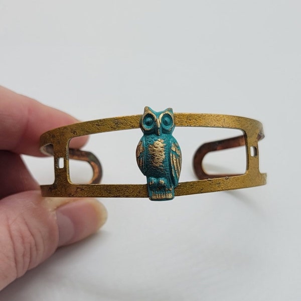 Vintage Assemblage Cuff Bracelet - Distressed Painted Brass Owl Stamping Centerpiece