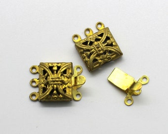 Choose Quantity - Vintage Oxidized Brass 3 Strand Box Clasps