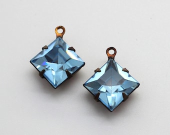 Vintage Aquamarine Swarovski Crystal Oxidized Brass Earring Dangles Small Pendants 10mm Square Art 4400