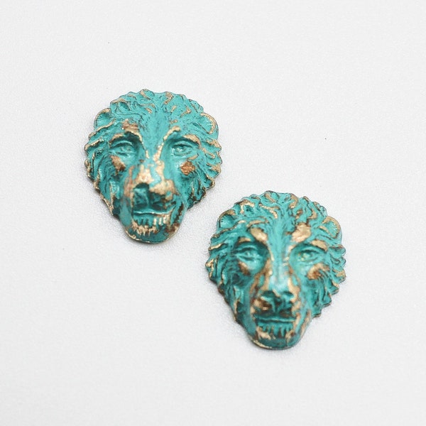 Distressed Patina Verdigris Small Lion Head Finding 3D Dimensional