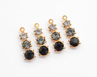4 Vintage Black Diamond Jet & Clear Triple Swarovski Crystal Pendant Findings 5x13mm