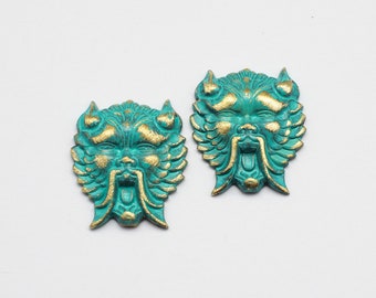 Hand Painted & Distressed Patina Verdigris Brass Dragon Head Stampings