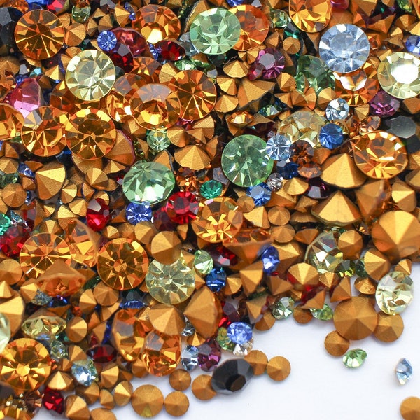 Destash Mixed vintage Swarovski Czech German Crystal Stones Gold Foiled Pointed Back Chatons Appr 1,000 Crystals 1 Once