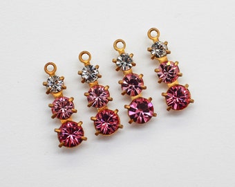 4 colgantes vintage de cristal Swarovski triple rosa y transparente de 5 x 13 mm