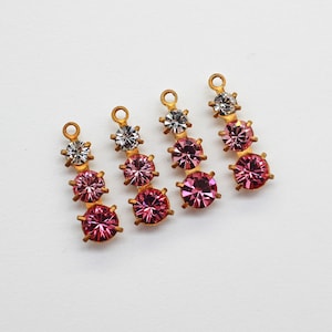 4 Vintage Rose & Clear Triple Swarovski Crystal Pendant Findings 5x13mm