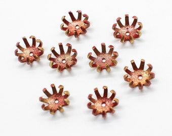 8 Adorable Hand Painted Variegated Red & Gold Vintage Brass Flower Center Stamens Findings 9x6mm