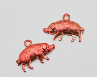 Opposing Pig Charms Small Pendants Earring Findings - Reddish Pink Brass