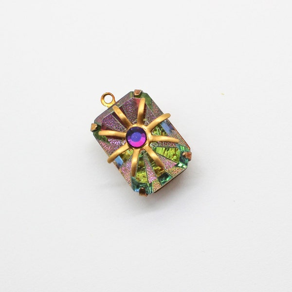 Czech Glass Starburst Rivoli W/ Star Flower Center Oxidized Brass Pendant Earring Dangles 18x13mm Octagon