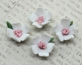 4 Vintage Porcelain Flowers - Handmade Japanese Bisque White Flower Dogwood Cabochons 15mm