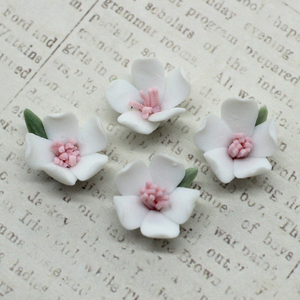 4 Vintage Porcelain Flowers - Handmade Japanese Bisque White Flower Dogwood Cabochons 15mm