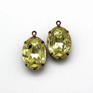 Vintage Jonquille Czech Glass Oval Oxidized Brass Pendant Earring Dangles 18x13mm ~ Antique Jewelry image 1