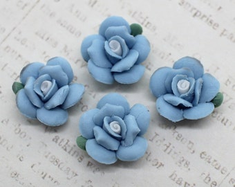 4 Vintage Porcelain Flowers - Handmade Japanese Bisque Blue Flower Rose Bud Cabochons 14mm