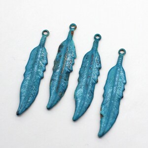 Hand Painted Blue Patina Brass Feather Charms 7x34mm