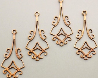4 Oxidized Brass Art Deco Dangle Charms - Small & Dainty Earring Findings