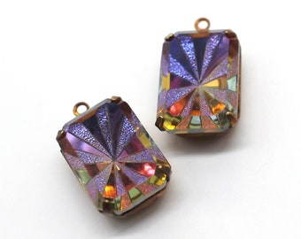 Czech Glass Heliotrope Starburst Rivoli Cut Oxidized Brass Pendant Earring Dangles 18x13mm Octagon