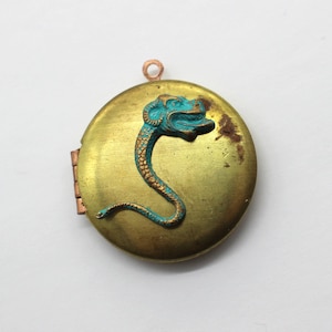 Unusual Vintage Brass Patina Verdigris Horned Serpent Locket