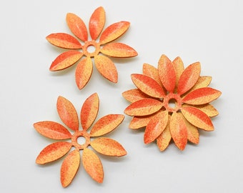 4 Hand Painted Variegated Yellow & Orange Vintage Metal Flowers 34mm