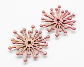 2 Adorable Hand Painted Variegated Pink Brass Riveted Flower Findings 21x24mm