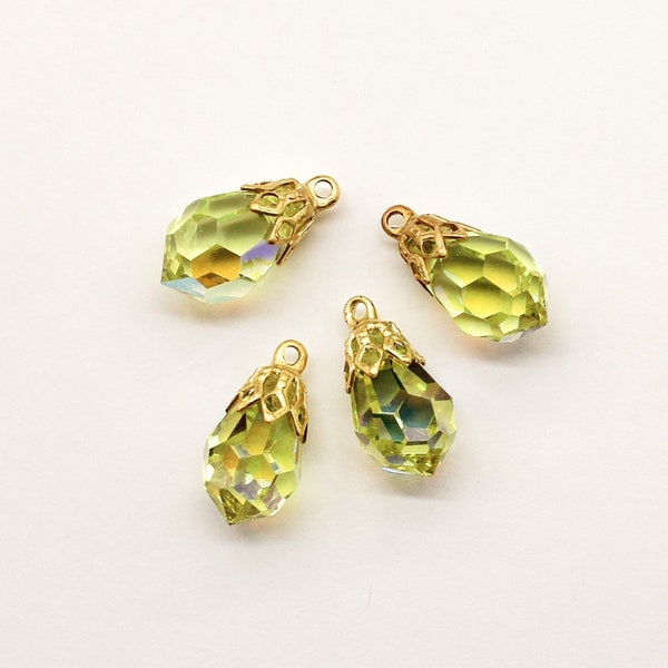 Adorable Preciosa Jonquil AB Crystal Drops With Vintage Brass Bead Caps Earring Dangles Charms Tiny Pendants