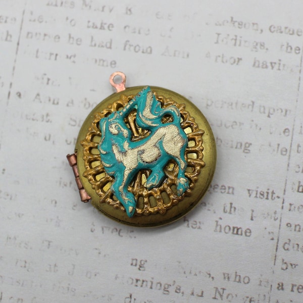 Patina Verdigris Brass Filigree Unicorn Locket