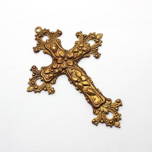 Large Oxidized Brass Ornate Floral Cross Pendant Stamping