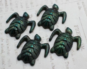 4 Green Patina Brass Momma Sea Turtle Stampings 20mm