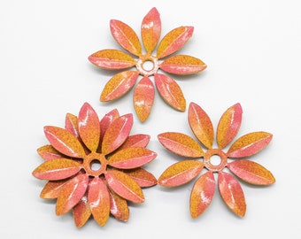 4 Hand Painted Variegated Yellow & Pink Vintage Metal Flowers 34mm