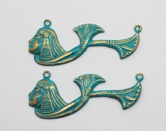 Pair Of Verdigris Patina Brass Egyptian Pendant Stampings 2 Loop
