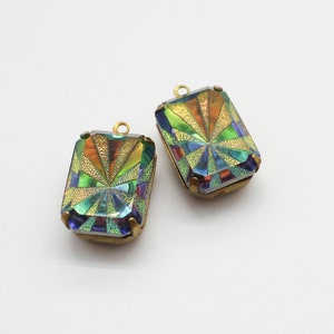 Czech Glass Vitrail Starburst Rivoli Cut Oxidized Brass Pendant Earring Dangles 18x13mm Octagon