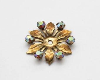 Vintage Brass Flower Finding W/ Smoked Topaz AB Swarovski Crystals