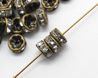 20 Antiqued Brass Rhinestone Rondelle Spacer Beads 8mm