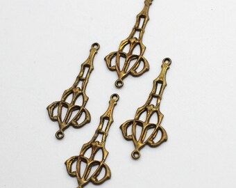 4 Oxidized Brass Art Deco Tiny Dangle Charms - Earring Findings