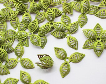 6 Variegated Green Vintage Metal Leaf Findings Floral Bead Caps