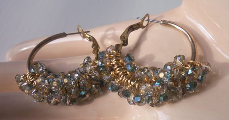Wire Wrapped Crystals And Vintage Hoops Upcycled Sahara Green Crystal Cluster Hoop Earrings *Elegance With An Edge*