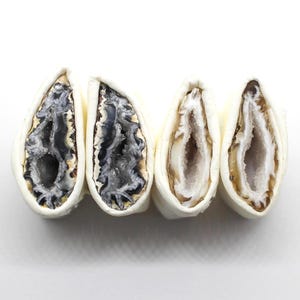 May include: Four geode slices with white exteriors and exposed crystal interiors. The geodes display a variety of colors, including black, gray, brown, and white, creating a striking contrast. The arrangement is on a white background.