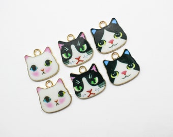 6 Adorable Enamel Cat Head Charms