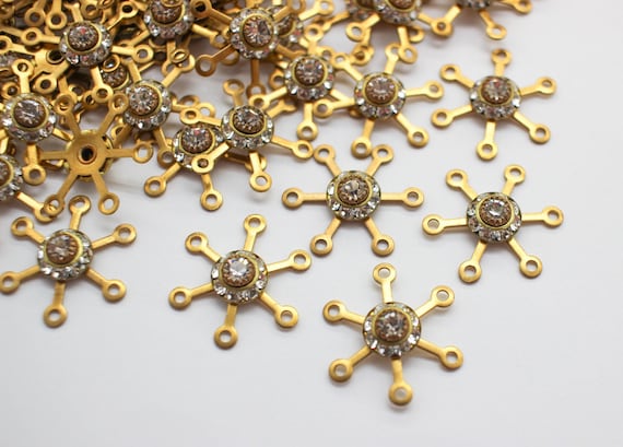 6 Vintage Swarovski Crystal & Brass Spoke Flower Findings 21mm