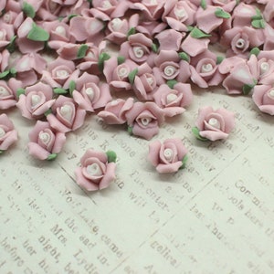 May include: A collection of small, light pink rose blossoms with white centers and green leaves. The miniature flowers are scattered across a vintage paper background, creating a delicate and romantic aesthetic.