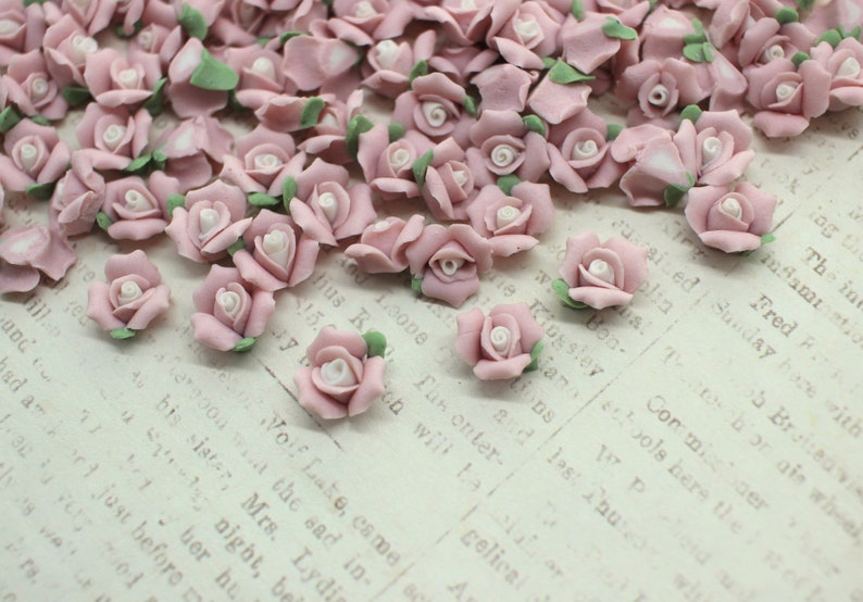 May include: A collection of small, light pink rose blossoms with white centers and green leaves. The miniature flowers are scattered across a vintage paper background, creating a delicate and romantic aesthetic.