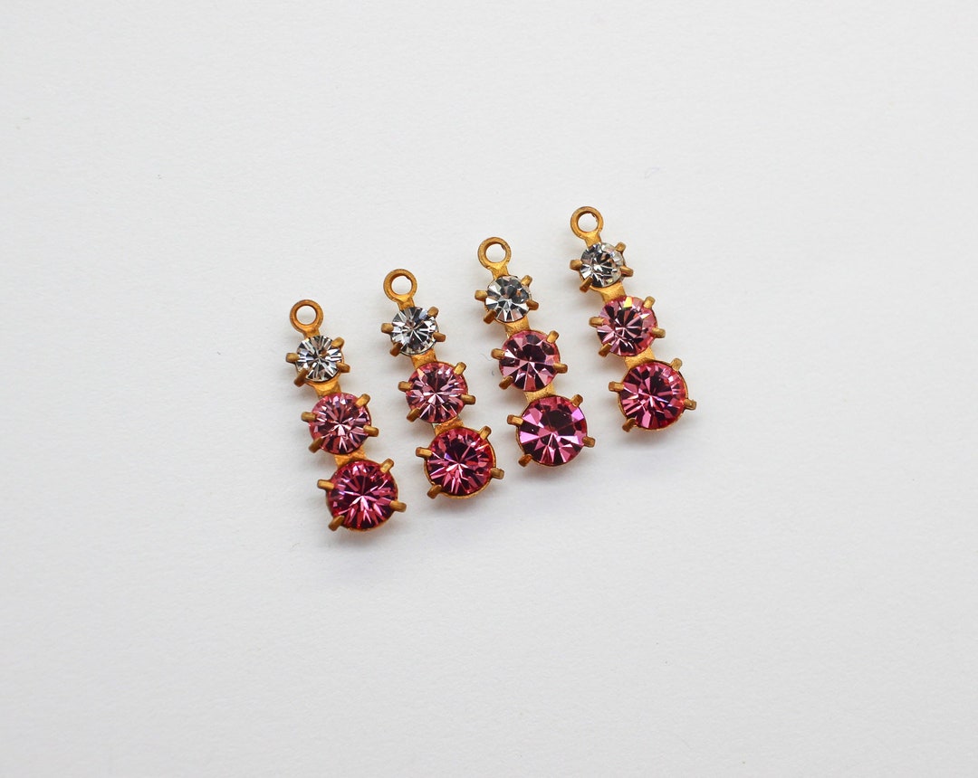 4 Vintage Rose & Clear Triple Swarovski Crystal Pendant