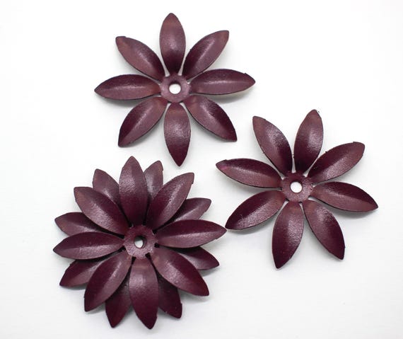 4 Large Hand Painted Aubergine Purple Vintage Metal Flowers 45mm