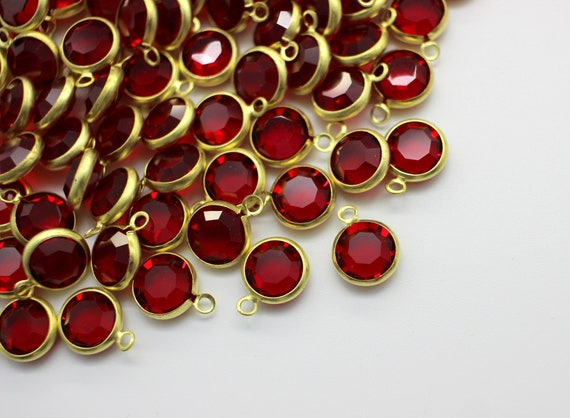 Vintage 9mm Square Glass Pendant Beads – Channel Set Brass, Red & Green – Lot Of 4