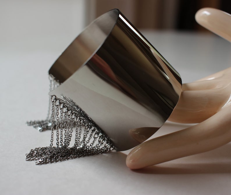 Large Silver Blank Cuff Bracelet With Chain Dangles