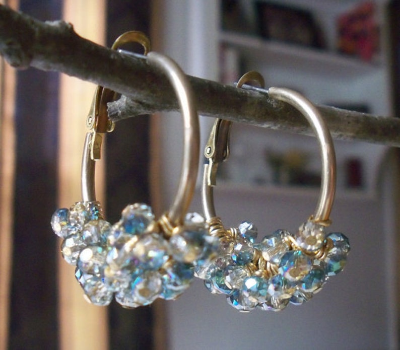 Wire Wrapped Crystals And Vintage Hoops Upcycled Sahara Green Crystal Cluster Hoop Earrings *Elegance With An Edge*