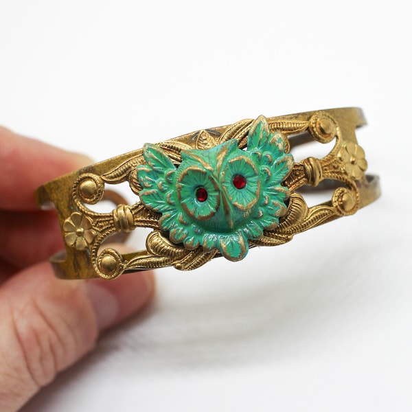 Vintage Assemblage Cuff Bracelet - Distressed Painted Brass Owl W/ Ruby Crystal Eyeballs