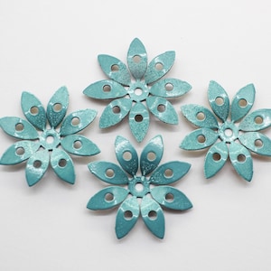 4 Hand Painted Variegated Teal Blue Vintage Metal Flowers 34mm