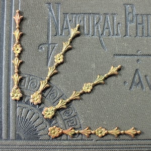 May include: Three gold-colored metal chains with decorative flower-shaped accents. The chains are arranged in a V-shape on a textured surface.